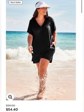 Swimsuits For All Black French Terry Lightweight V-Neck Swim CoverUp Tunic 14/16
